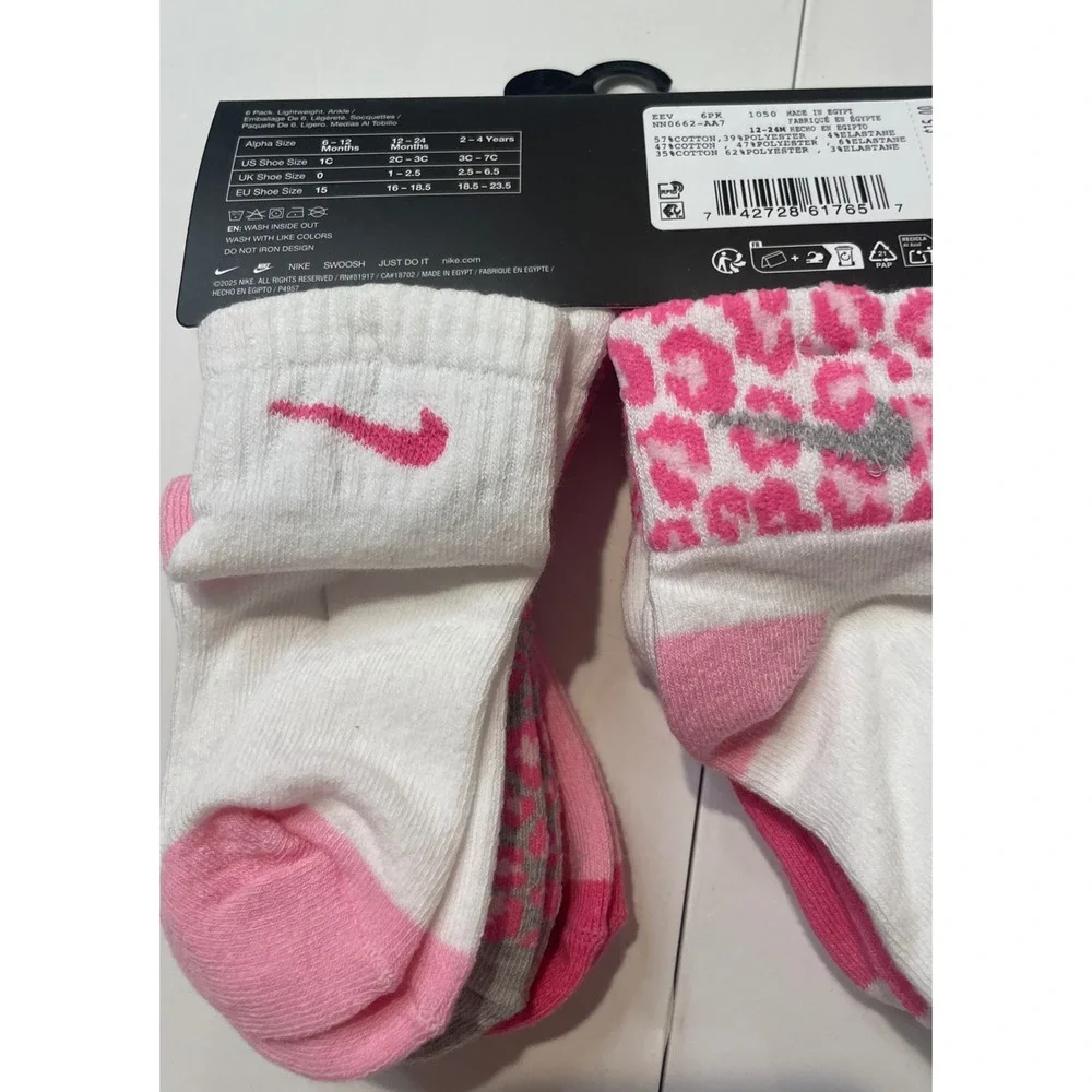 Nike 6 Pack Lightweight Ankle Socks Infant Toddler Pink Leopard Print NN0662-AA7